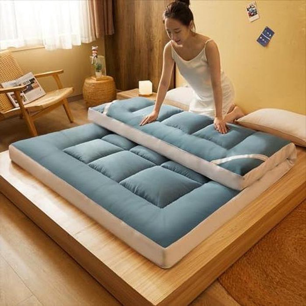 Japanse Futonmatras - Oprolbare Matras Vloer - Ruimtebesparend Slapen - Antislip Vloerbed - Lichtgewicht - Pauw Blauw