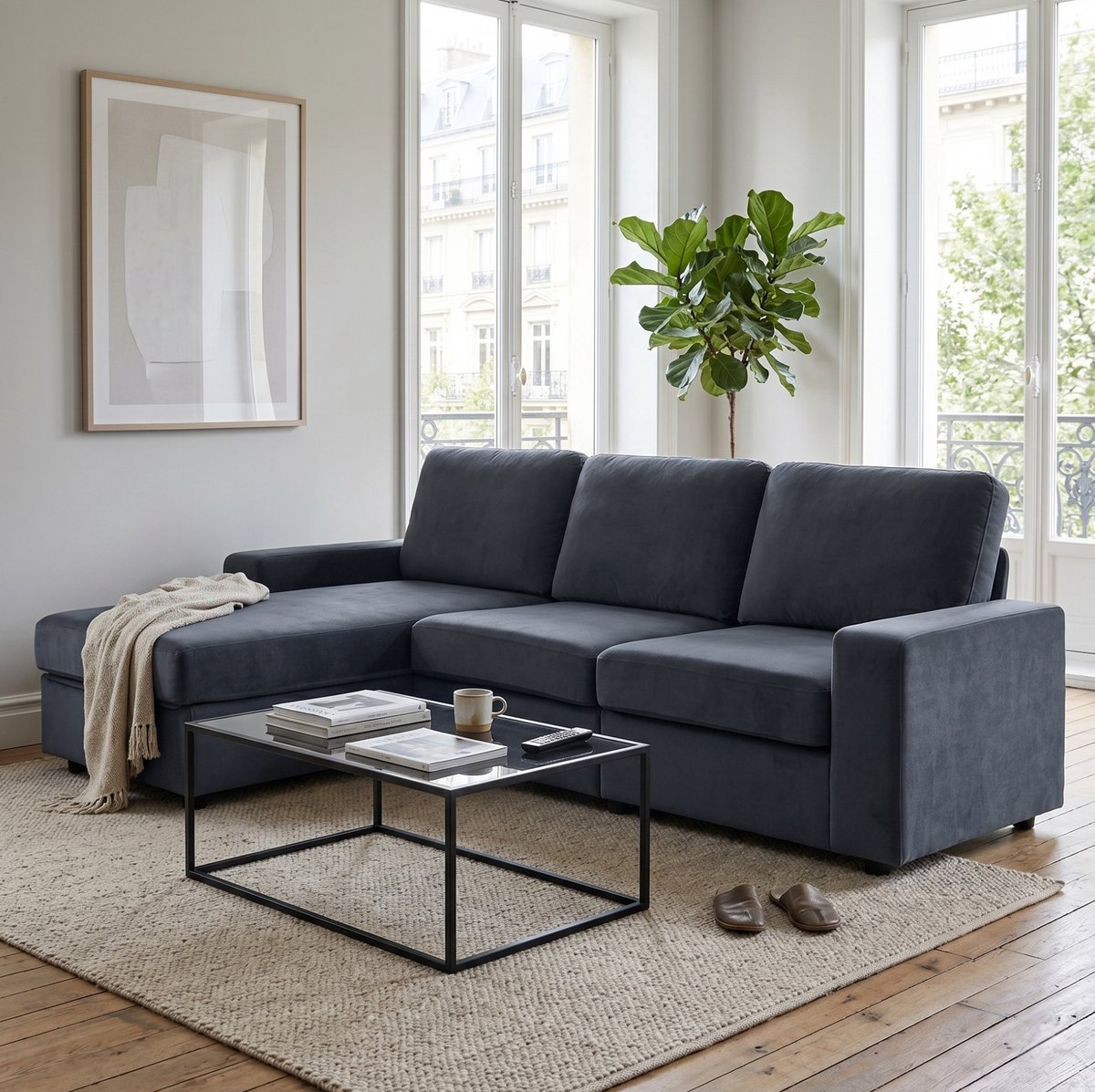 DESMIU Hoekbank 245,5 cm - Met 4 Opbergvakken En Links Of Rechts Monteerbare Chaise Longue - Voor Woonkamer - Polyester Donkergrijs