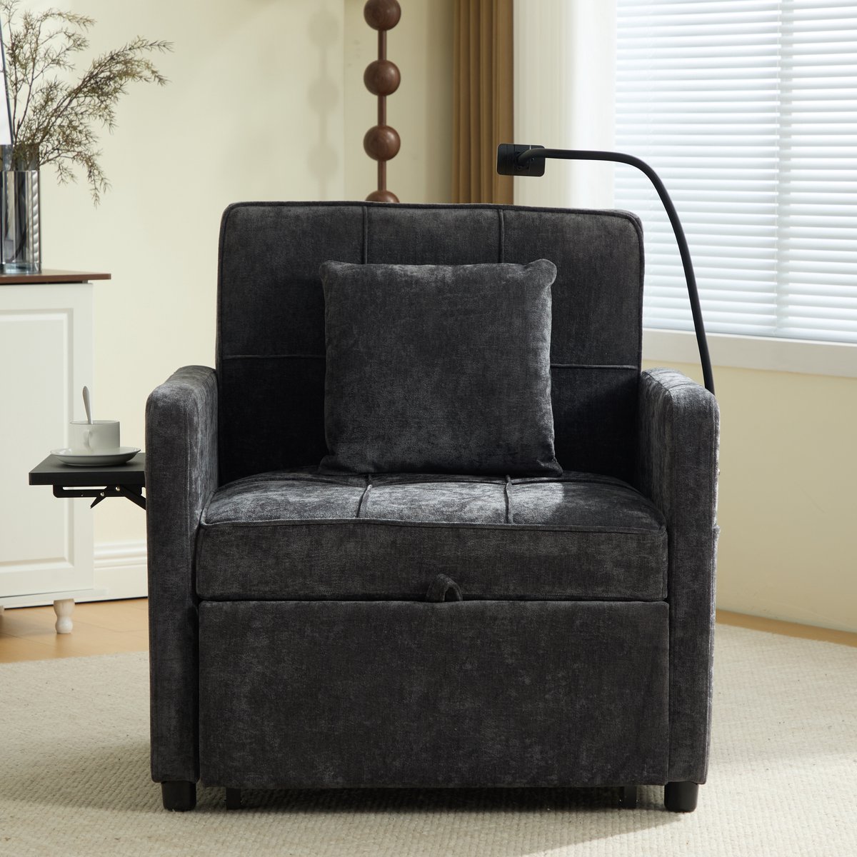 DESMIU Fauteuil 79 Cm - 2-In-1 Relaxfauteuil Met 5-Standen Rugleuning En Opbergvakken - Voor Woonkamer - Chenille - Donkergrijs