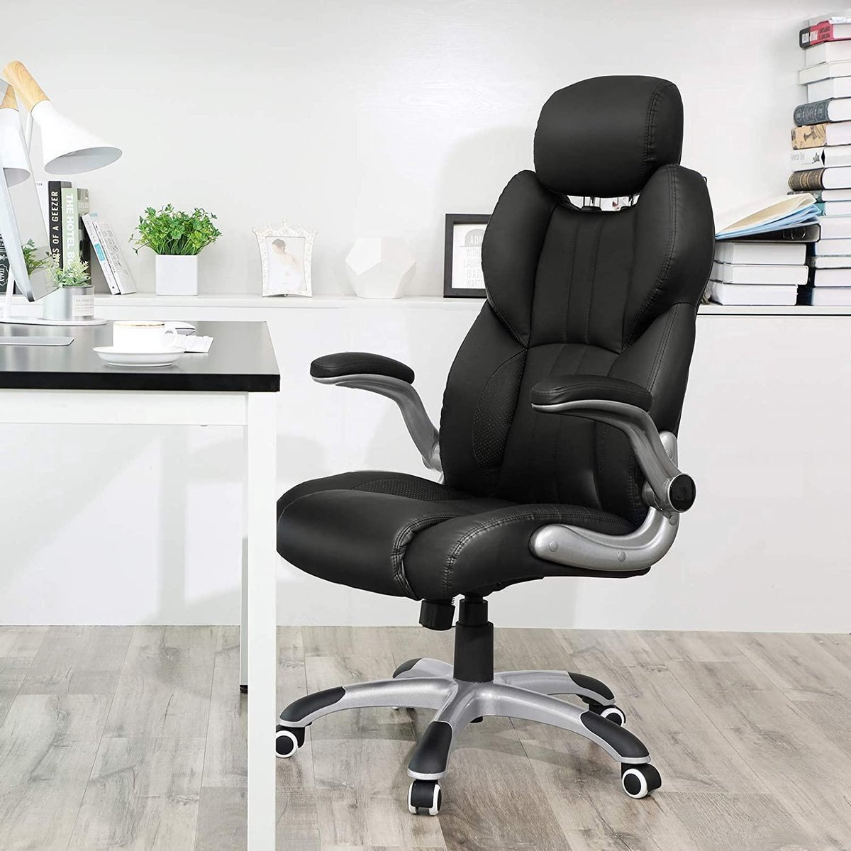Conway Living® Luxe Ergonomische Bureaustoel - Directeurstoel - Inklapbare Armleuningen - Gaming Stoel - In Hoogte Verstelbare Hoofdsteun - Kunstleer - Zwart – foto 8