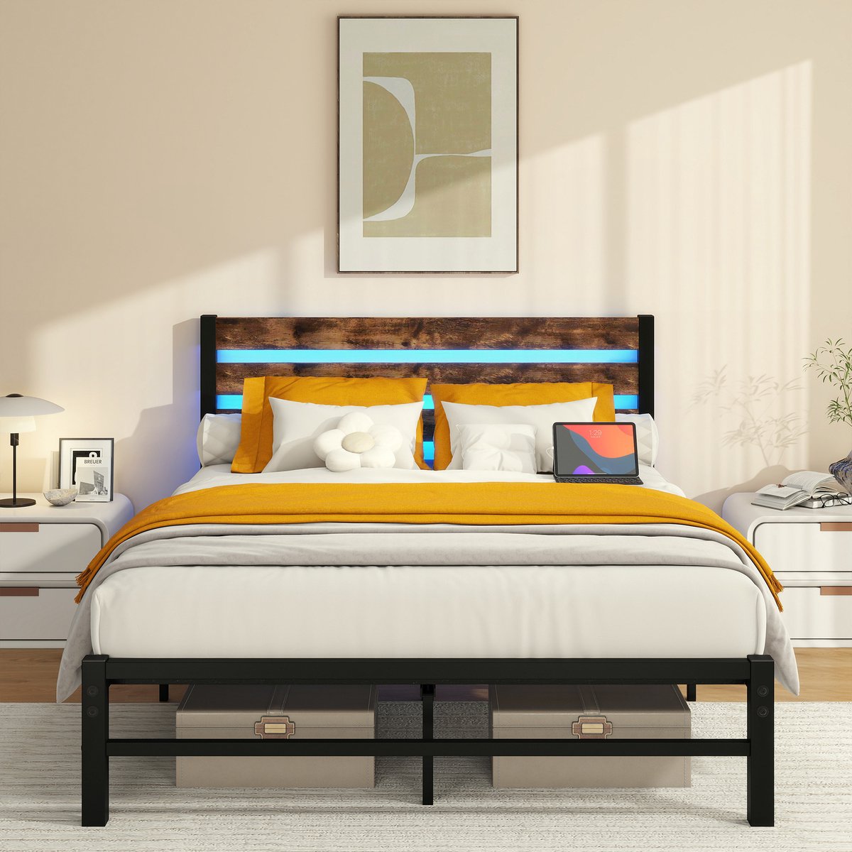 COVREO Bedframe 140x200 cm antique brown zwart MDF metaal, LED en USB