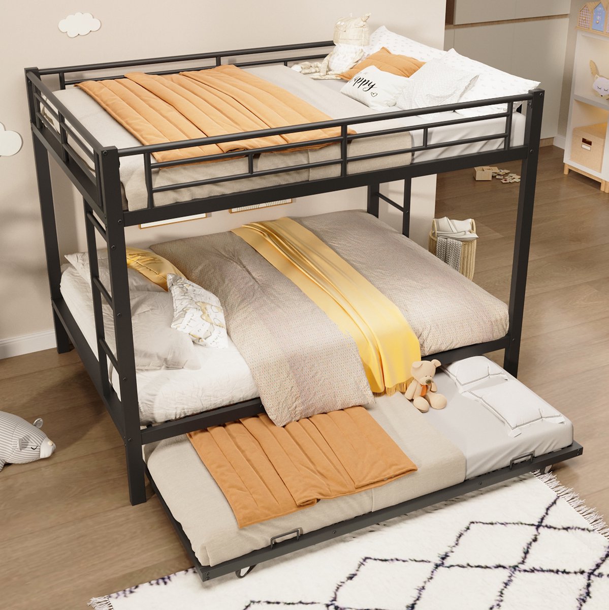 Stapelbed van 140 x 200 cm, metalen frame, kinderbed, met neerklapbaar bed, hoge zijrails, matras niet inbegrepen, zwart.