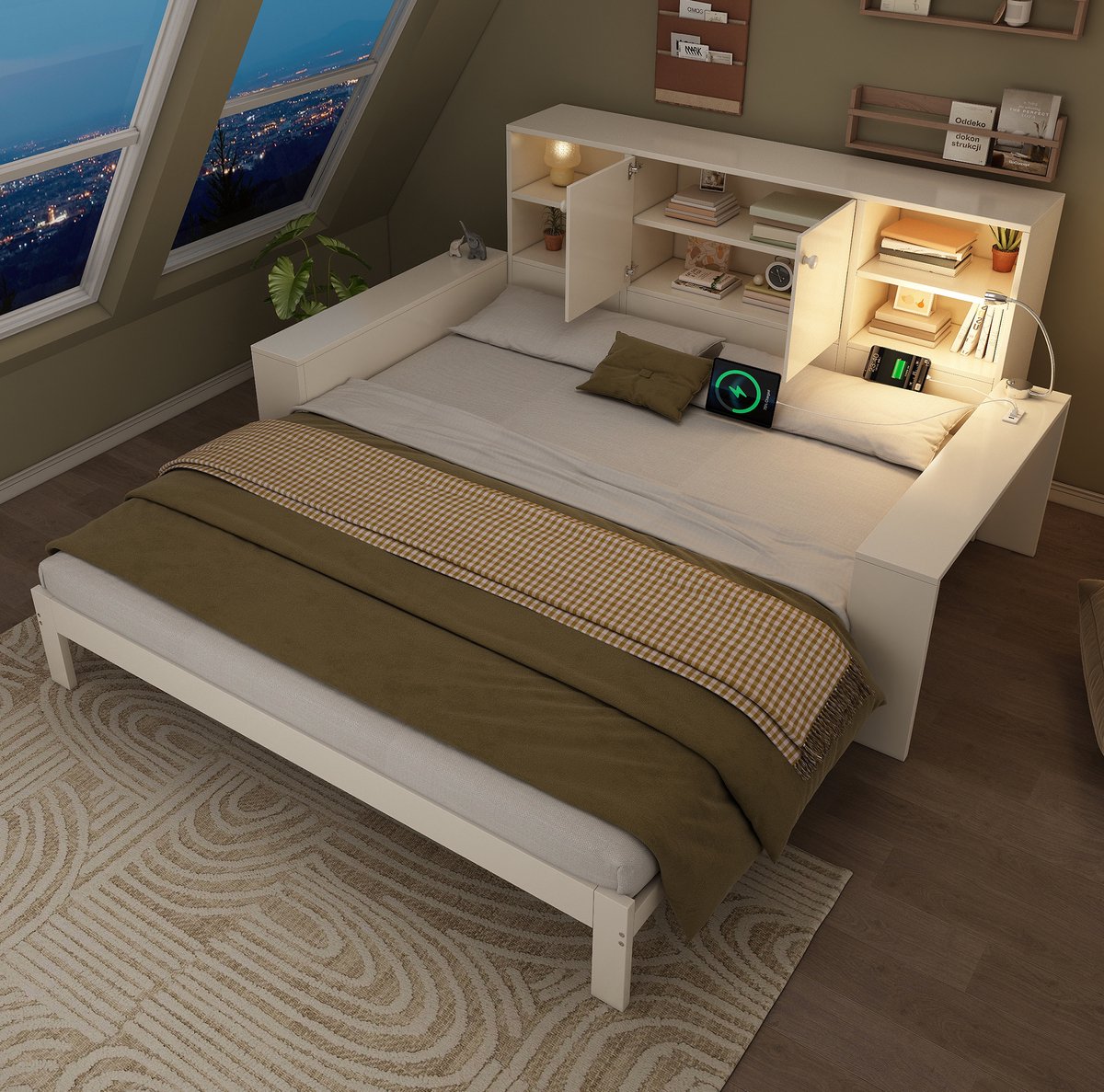 COVREO Bedbank met uitrolbaar bed – 237x217x100 cm – Stauraumbed met USB en licht – voor logeerkamer en studio – Wit - zonder matras