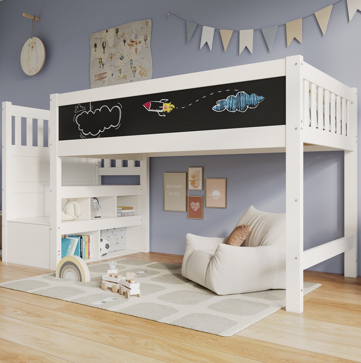 COVREO Kinderhoogslaper met bergruimte – 253x97x112 cm – Halfhoogslaper met trap – Bed met krijtbord – Wit - zonder matras