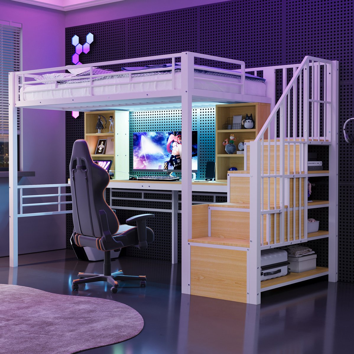 COVREO Hoogslaper met bureau en trap – 253,2x98,5x172,6 cm – Hoog bed van metaal en MDF – met LED en stekker – Wit - zonder matras