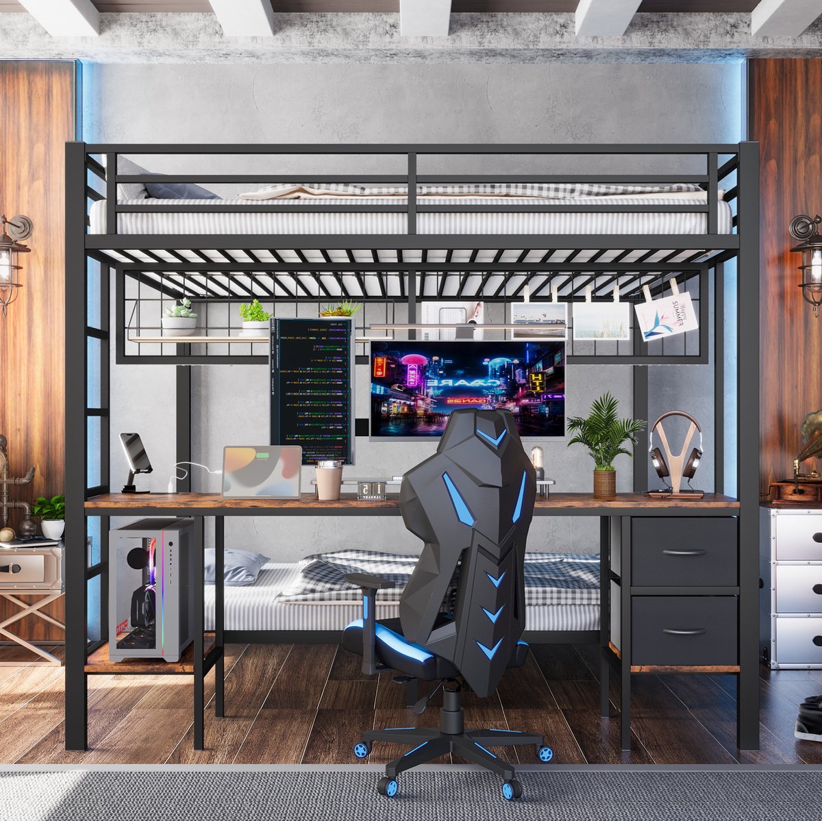 COVREO Hoogslaper 140x200 cm - zwart metaal, met bureau, zonder matras Black