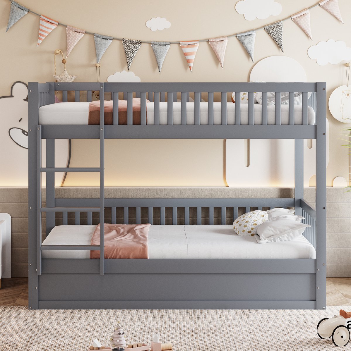 Kinderstapelbed, 90 x 200 cm, massief hout, hydraulisch opbergsysteem, stevig en duurzaam, grijs.