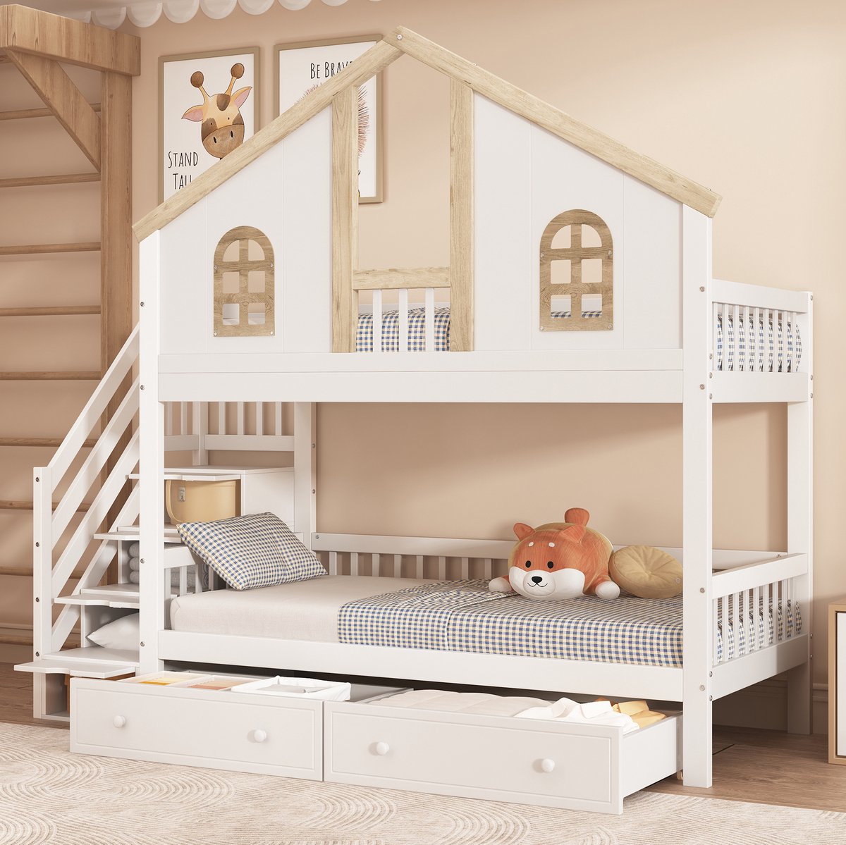 COVREO Stapelbed met ramen – 253x95x222 cm – Kinderbed met trap en lades – voor kinderkamer – Wit/Natuur - zonder matras