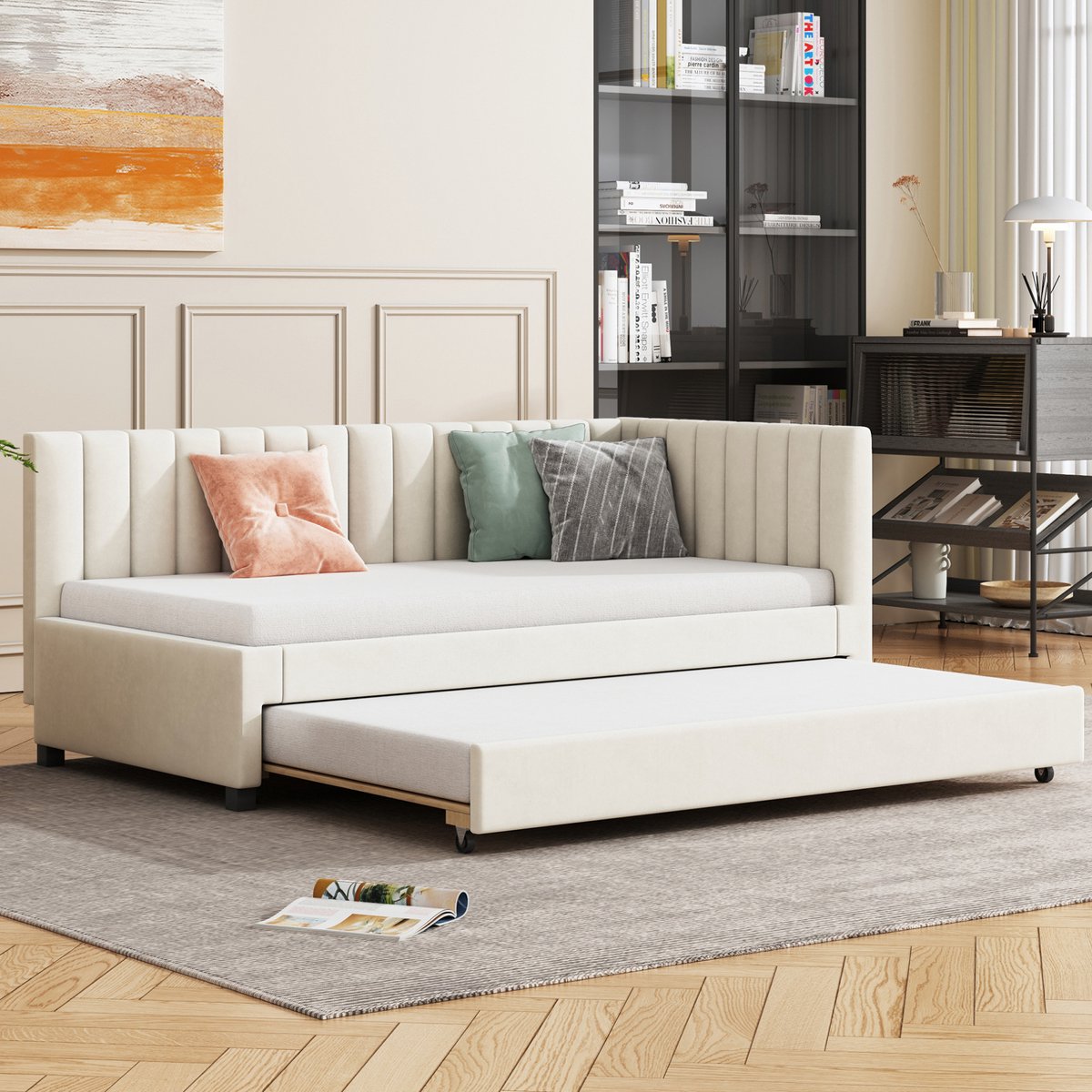 Gestoffeerd bed van 90 x 200 mm, uitschuifbare slaapbank, multifunctioneel lattenbodem, jeugdbed, kinderbed, logeerbed, beige fluwelen stof.