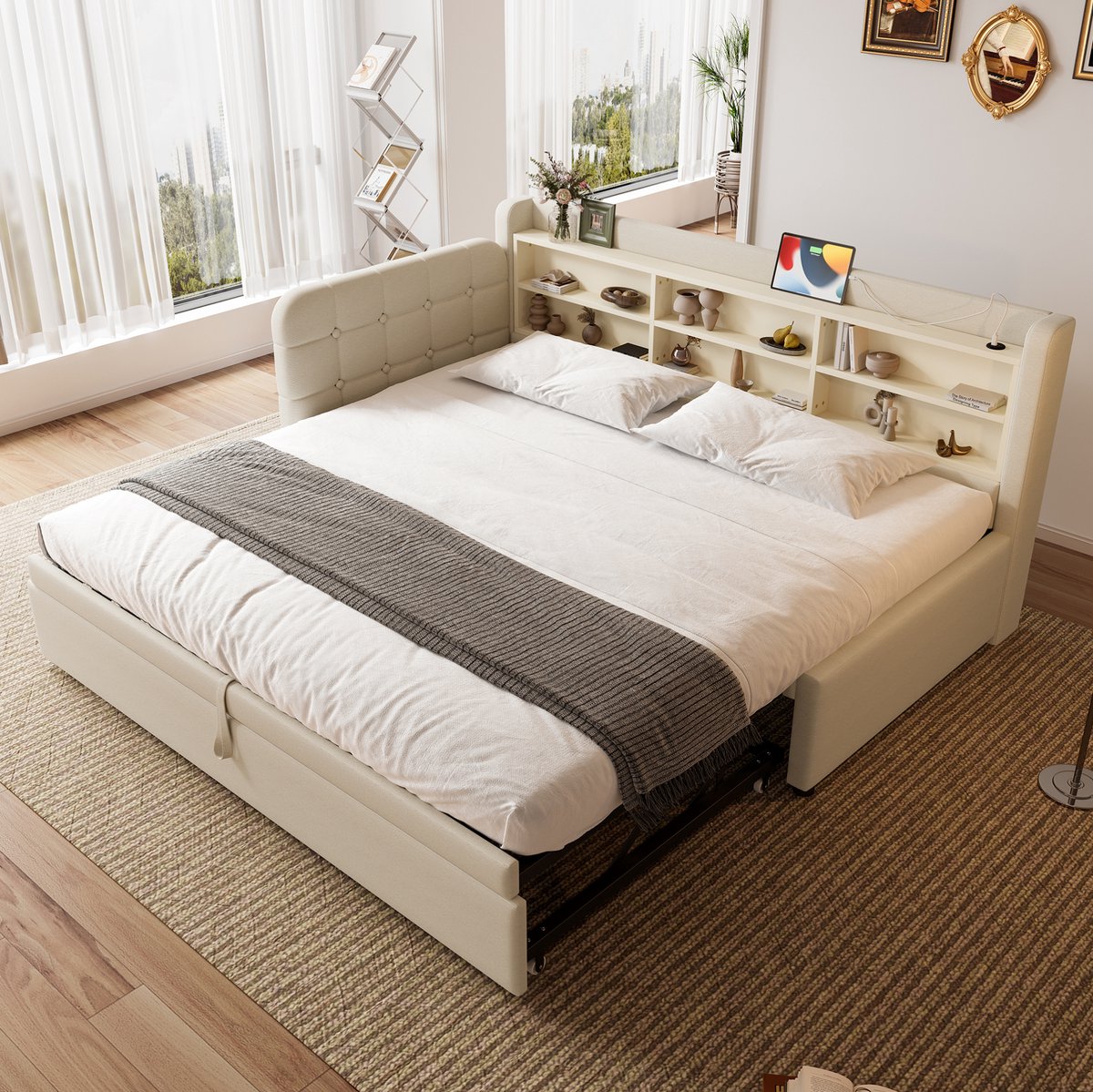 COVREO Bedbank 90x200 cm 207 cm beige stof met opbergruimte zonder matras
