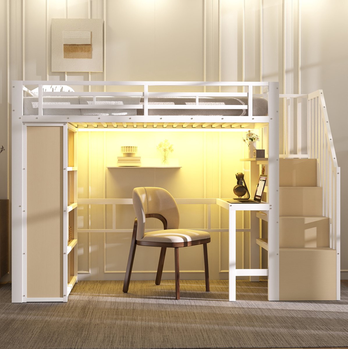 COVREO Hoogslaper met bureau en opbergruimte – 90x200 cm – Metalen frame met MDF – met LED en trapkast – Wit - zonder matras
