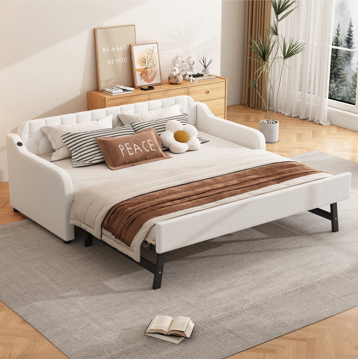 Slaapbank/slaapbank van 90 x 200 cm met uitklapbaar ontwerp, USB-poort, beige