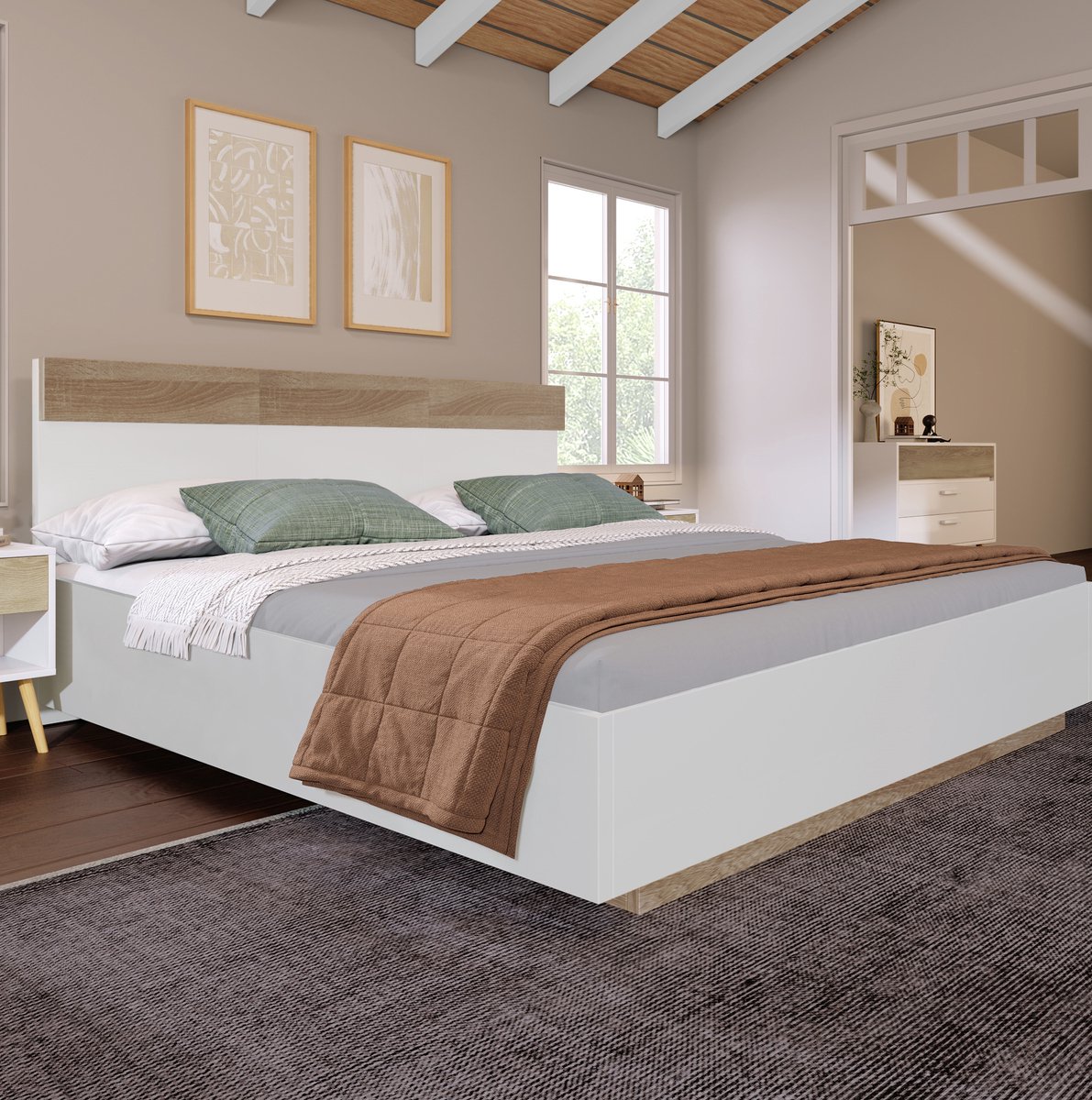 Tweepersoons houten bed, zwevend bed met hoofdeinde, bestaande uit bedframe en lattenbodem - 205x164x90,5 cm (D/B/H), Sonoma eiken/wit set (matras niet inbegrepen).