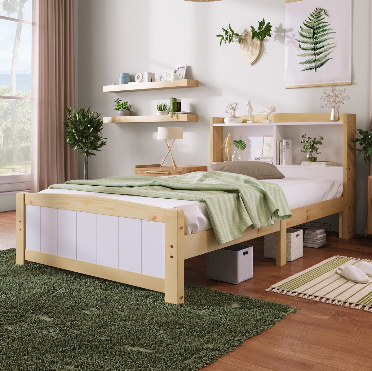 COVREO Bedframe 90x200 cm wit, opbergbord, met lattenbodem, zonder matras
