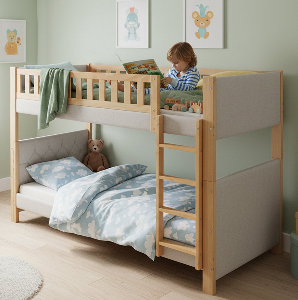 COVREO Stapelbed voor kinderen 90x200 cm - met rechte 4-tredepstrap, lattenbodems, grijs+naturel