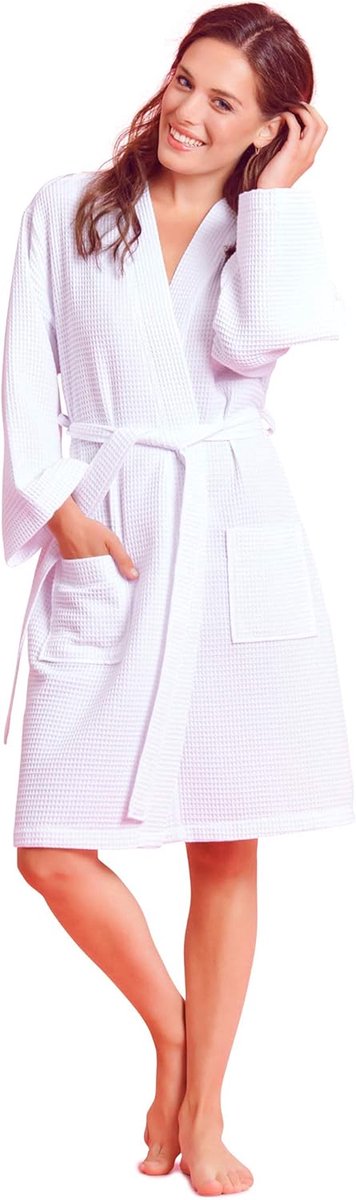 Badjas met Borduring - Kimono Dames - Ontspannen in Spa - Zachte Katoenmix - One Size - Wit