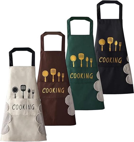 Witte, bruine, groene en zwarte schorten met 'COOKING' tekst en keukengerei. De schorten hebben een witte, bloemvormige rand aan de onderkant.