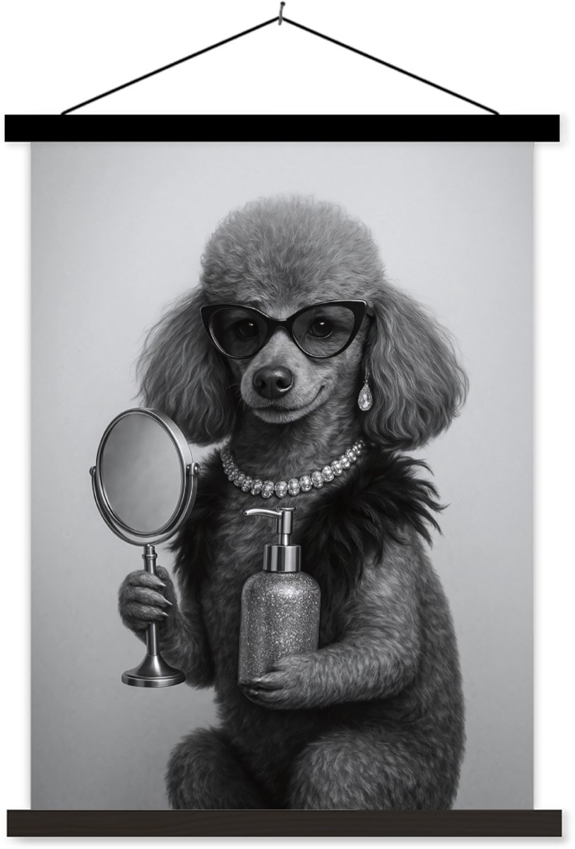 Posterhanger incl. Poster 60x80 cm - Schoolplaat - Poedel - Spiegel - Zwart - Wit - Textie