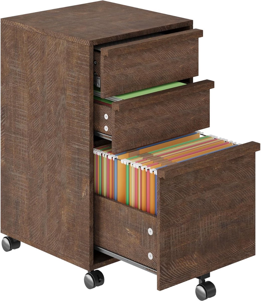 Verrijdbare archiefkast met 3 lades, houten verrijdbare archiefkast voor thuiskantoor, printerrek voor onder het bureau met wieltjes, grote archieflade, 2 vergrendelbare zwenkwielen, bruin