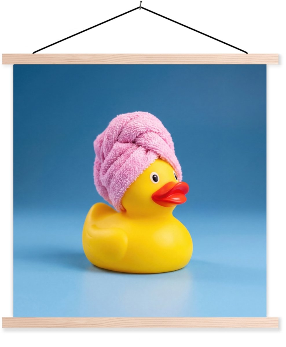 Posterhanger incl. Poster 40x40 cm - Schoolplaat - Badeend - Handdoek - Blauw - Textielpos