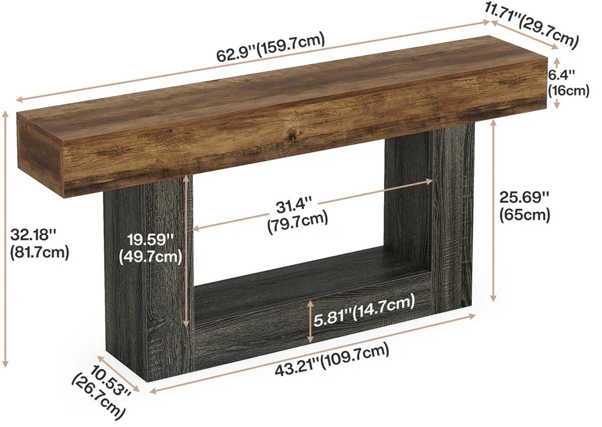 OKWISH Consoletafel – Multifunctionele Haltafel En Sofatafel – 160 Cm – Onderplank – Landelijke Stijl – MDF Grijs/Bruin Grijs En Rustiek Bruin