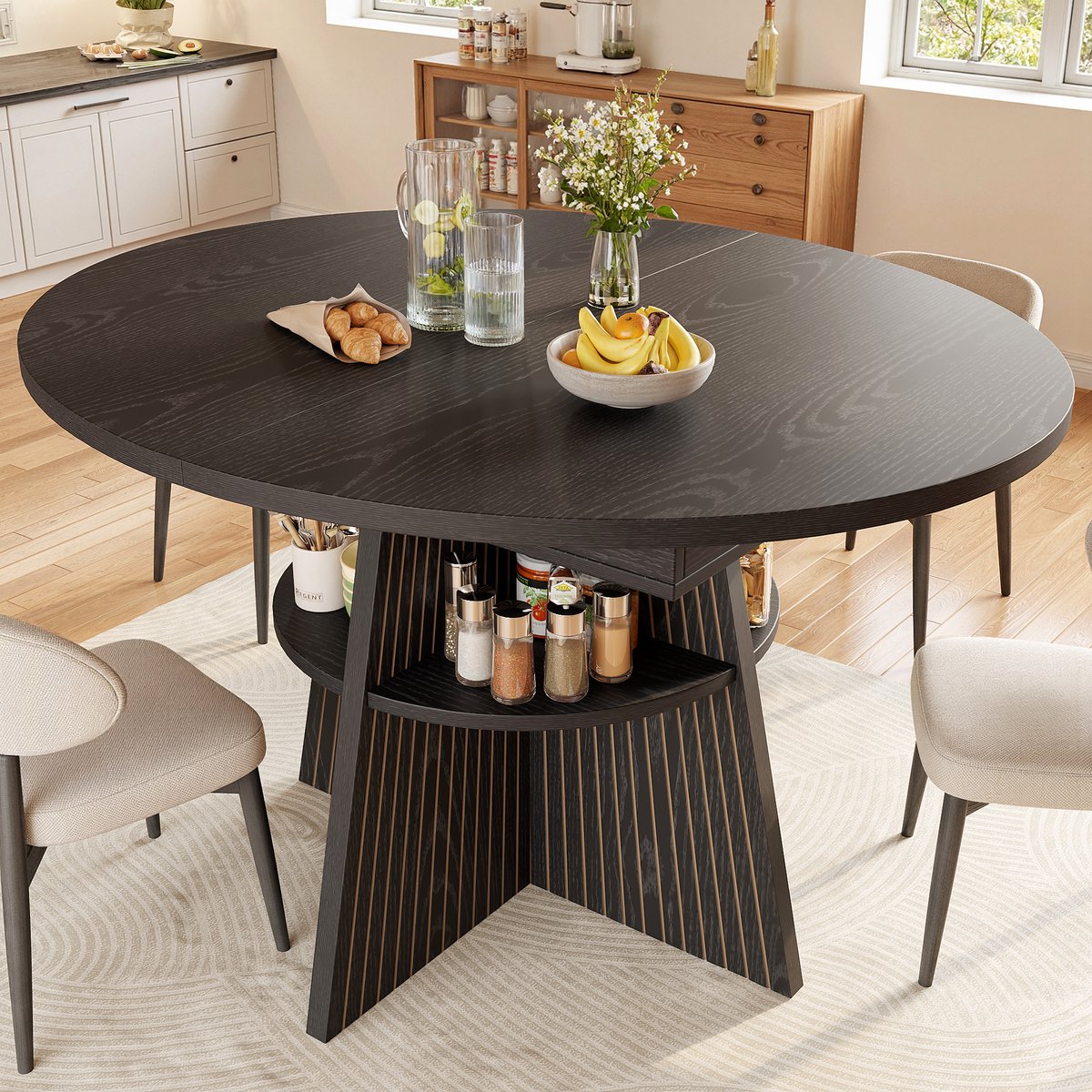 OKWISH Uitschuifbare Eettafel - Van Rond Naar Lang - Met Open Opbergvak - MDF Zwart - 110-150 x 110 x 76 cm