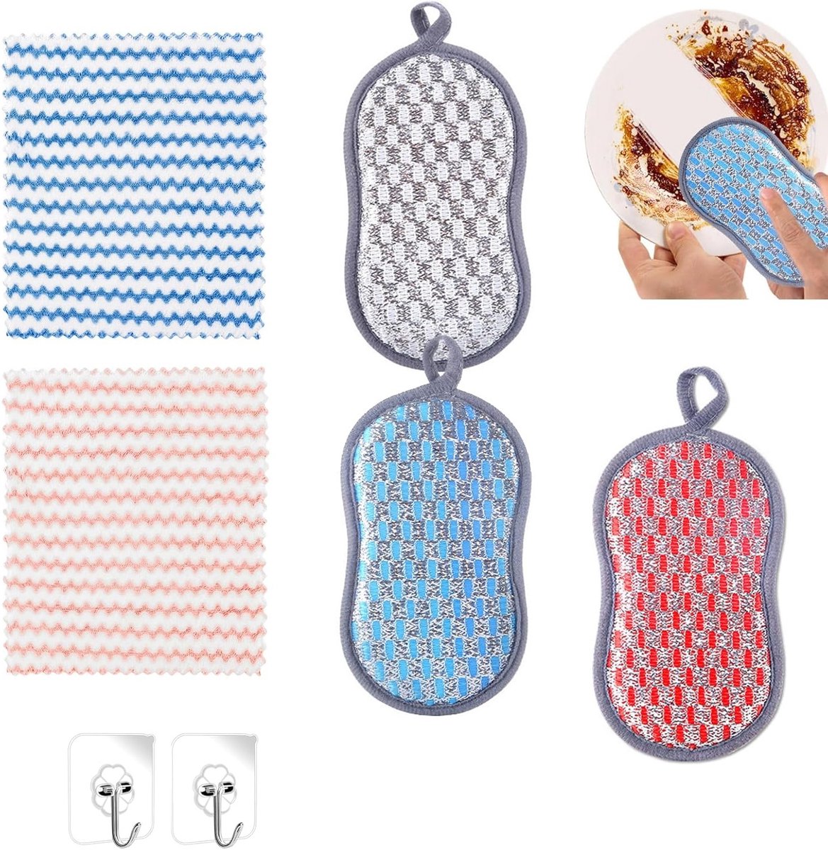 Set van 3 Herbruikbare Microvezel Sponsen voor Keuken, Inclusief 2 Doeken en 2 Haken, Geschikt voor Pannen en Keukengerei