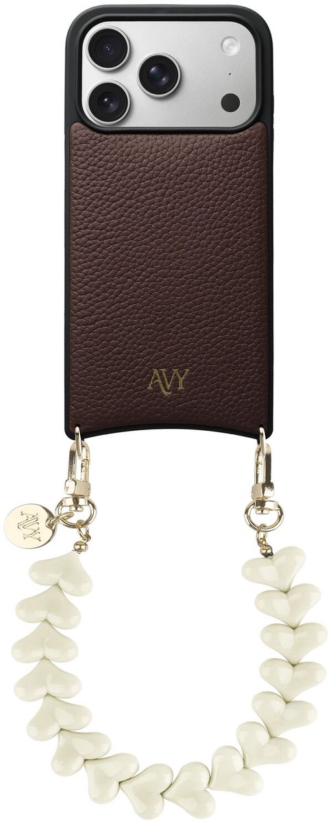 AVY Leren Hoesje geschikt voor Apple iPhone 17 Pro | Compatibel met MagSafe | Leather Back Cover met Telefoonkoord 30CM | Polsband | Bruin | Cupid Beige