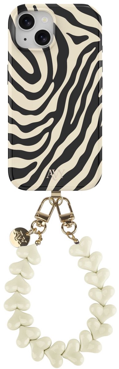 AVY Hoesje Met Telefoonkoord | Geschikt voor Apple iPhone 13 / 14 | Compatibel met MagSafe | Hard Shell Back Cover | Stijlvol Bijpassend Koord 30CM | Safari Hearts | Zwart & Wit