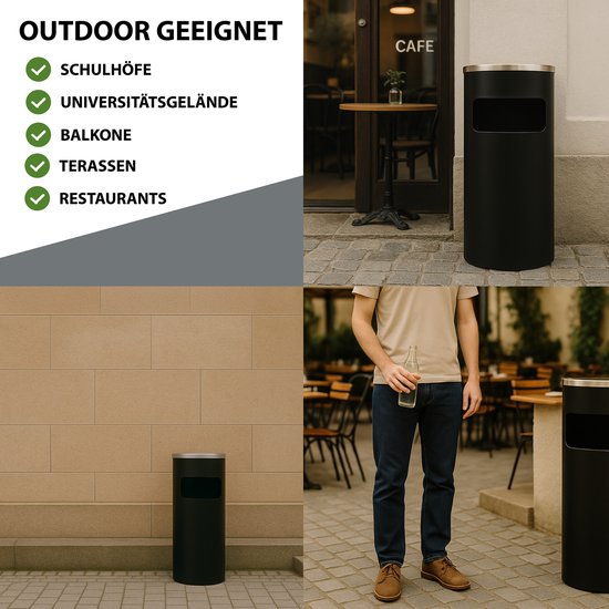 TRUTZHOLM Afvalbak met Asbak 30L Zwart - 2-in-1 Buitenafvalbak Metaal - Heavy Duty Staande Asbak Vuilnisbak Poedercoating van TRUTZHOLM — afbeelding 3