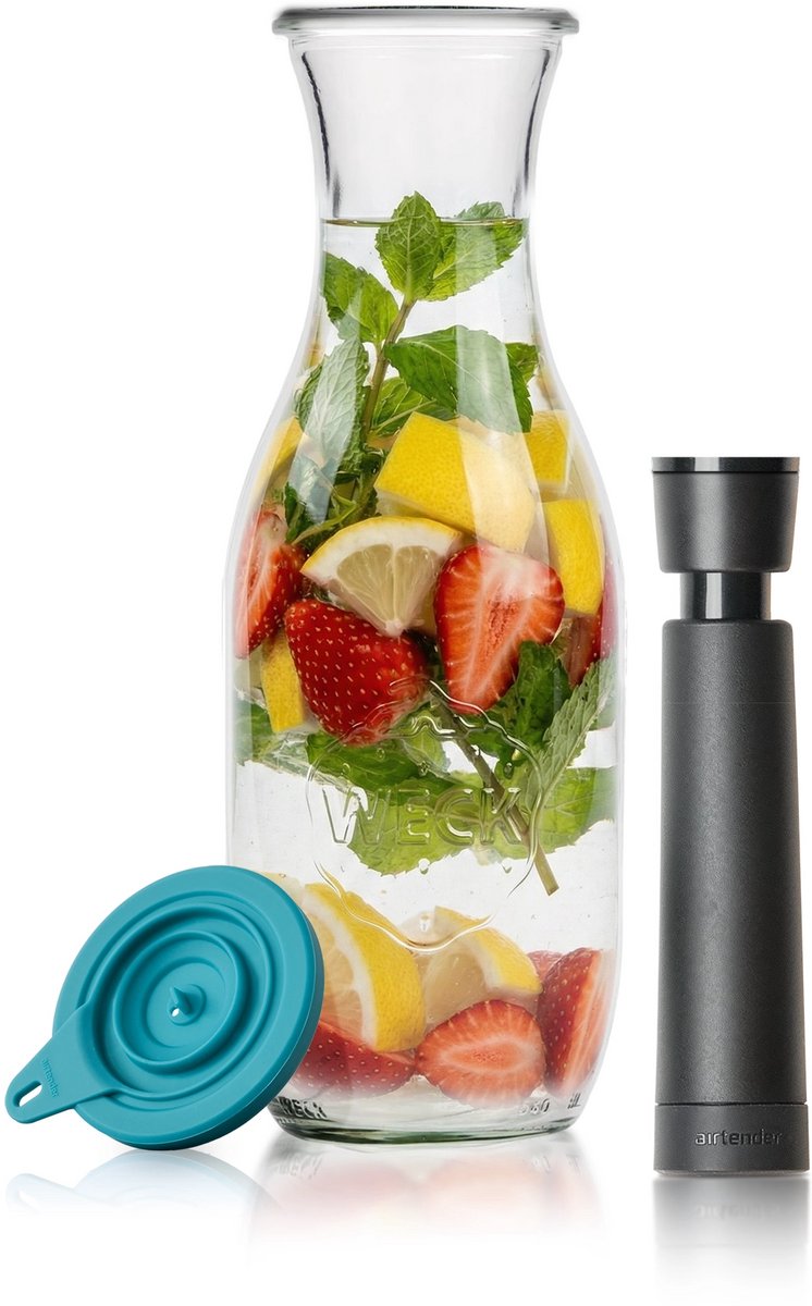 Airtender Waterkaraf 1000ml | Instant Water Infuser | Waterkaraf van glas (1L) | Vacuümdeksel + GRATIS -pomp | Water infuseren met fruit & kruiden | Plasticvrij | Vitaminerijk Tafelwater | Zonder vacuüm te gebruiken | Vitamines bewaren met vacuüm