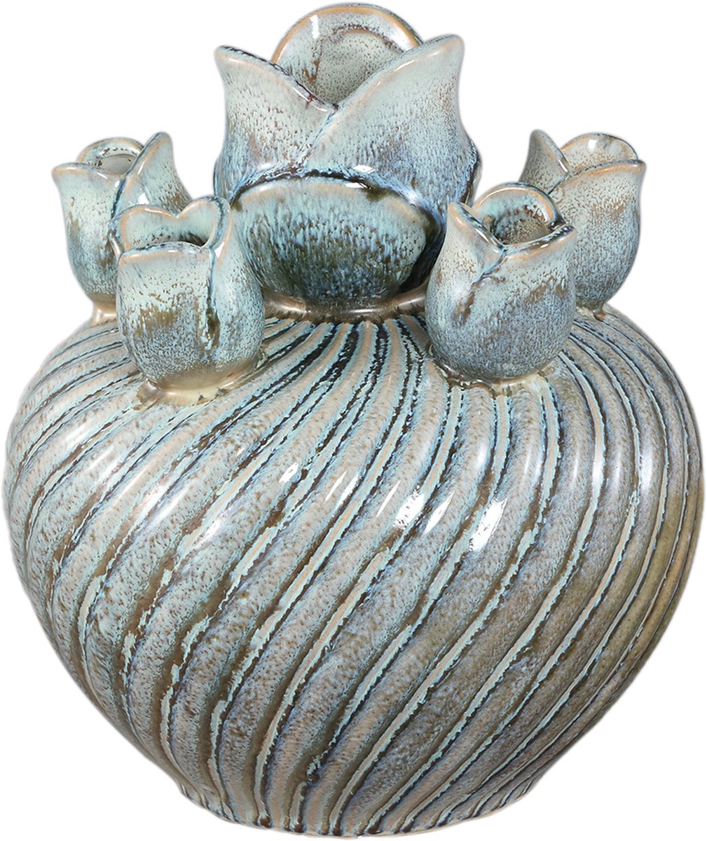 PTMD Mailia Turquoise Ceramic Round Tulip Vase Swirl Blauw