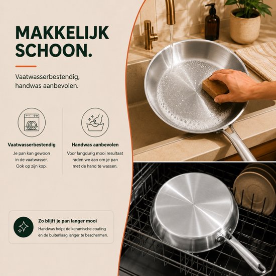 Een hand wast een Organess RVS koekenpan in een gootsteen en een pan in een afdruiprek.