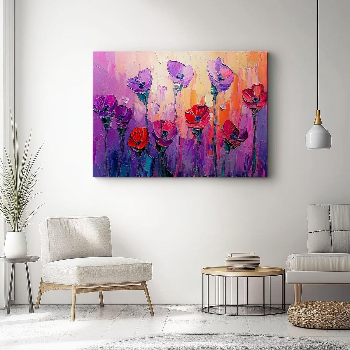 Afbeelding op canvas - Wandkunst schilderij - Muur decoreren - Bloemen olieverf - 120 x 50 cm - Rood Paars