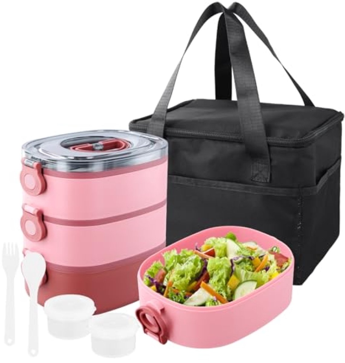 3-in-1 lunchbox met bestek, 2800 ml bento box 3 vakken met scheidingswanden, lekvrij BPA-vrij luchtdichte voedselcontainer voor school kantoor Roze