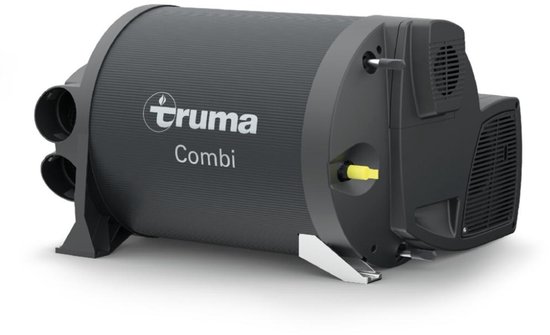 Truma Combi kachel, aanzicht van de zij- en achterkant met Truma-logo, gele aansluiting en ventilatierooster.