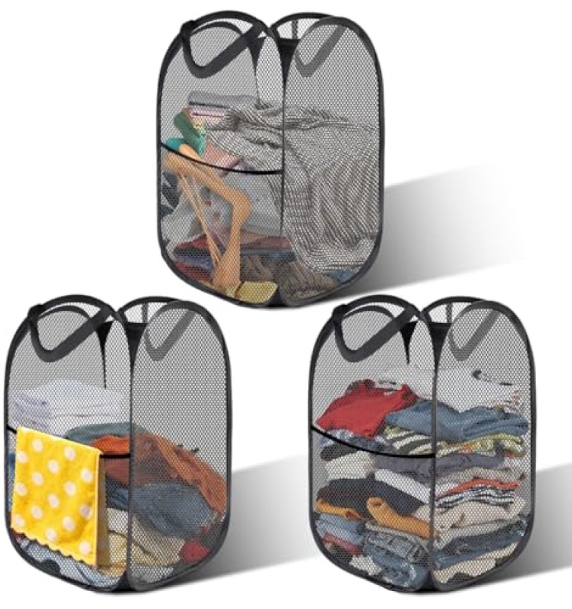 ModernStore Opvouwbare Wasmanden 3 Stuks – Pop-up Waszak 58 cm – Grote Opslag van 75 L – Voor Badkamer, Reis, Camping – Zwart
