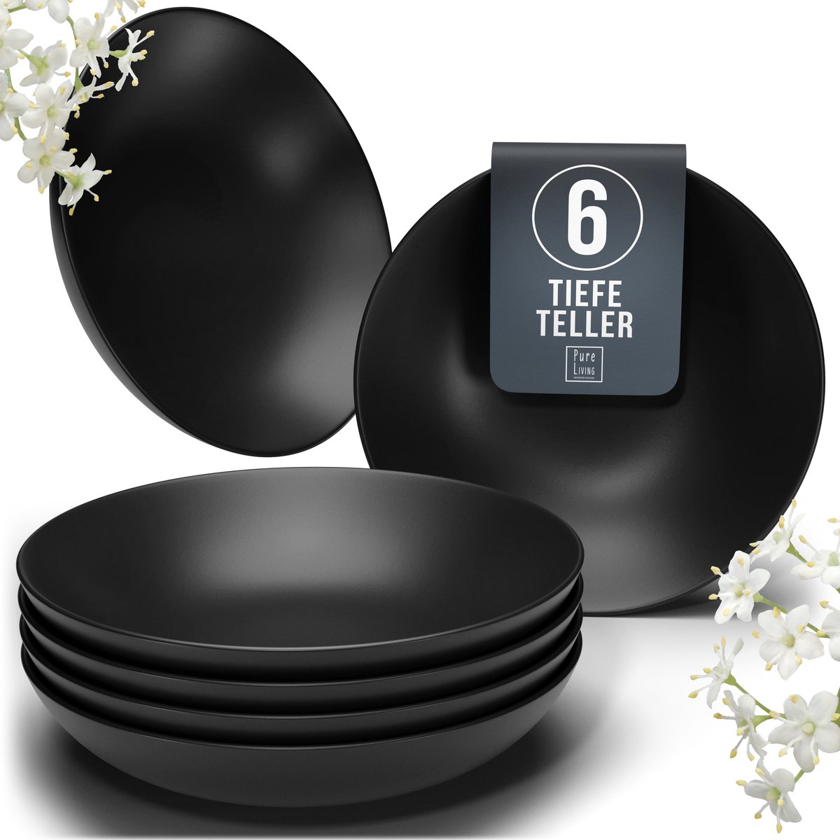 Pure Living Schwarz diepe borden set van 6 – Ø 20 cm – 600 ml – aardewerk – urban design – Manhattan