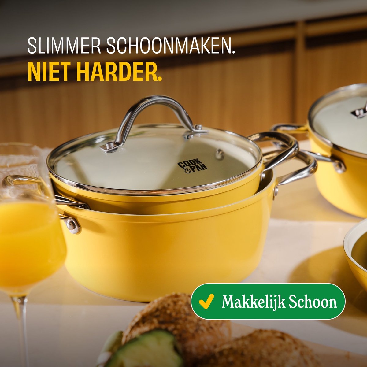 Cook & Pan 9-Delige Pannenset Sunny Side Geel - PFAS vrij - Alle Warmtebronnen - Pannen Set met 7 jaar Garantie - Krasbestendige Anti Aanbaklaag - Vaatwasserbestendig - Gas, Inductie, Elektrisch, Oven - Koekenpan, Wokpan, Steelpan, Hapjespan, Kookpot – foto 6
