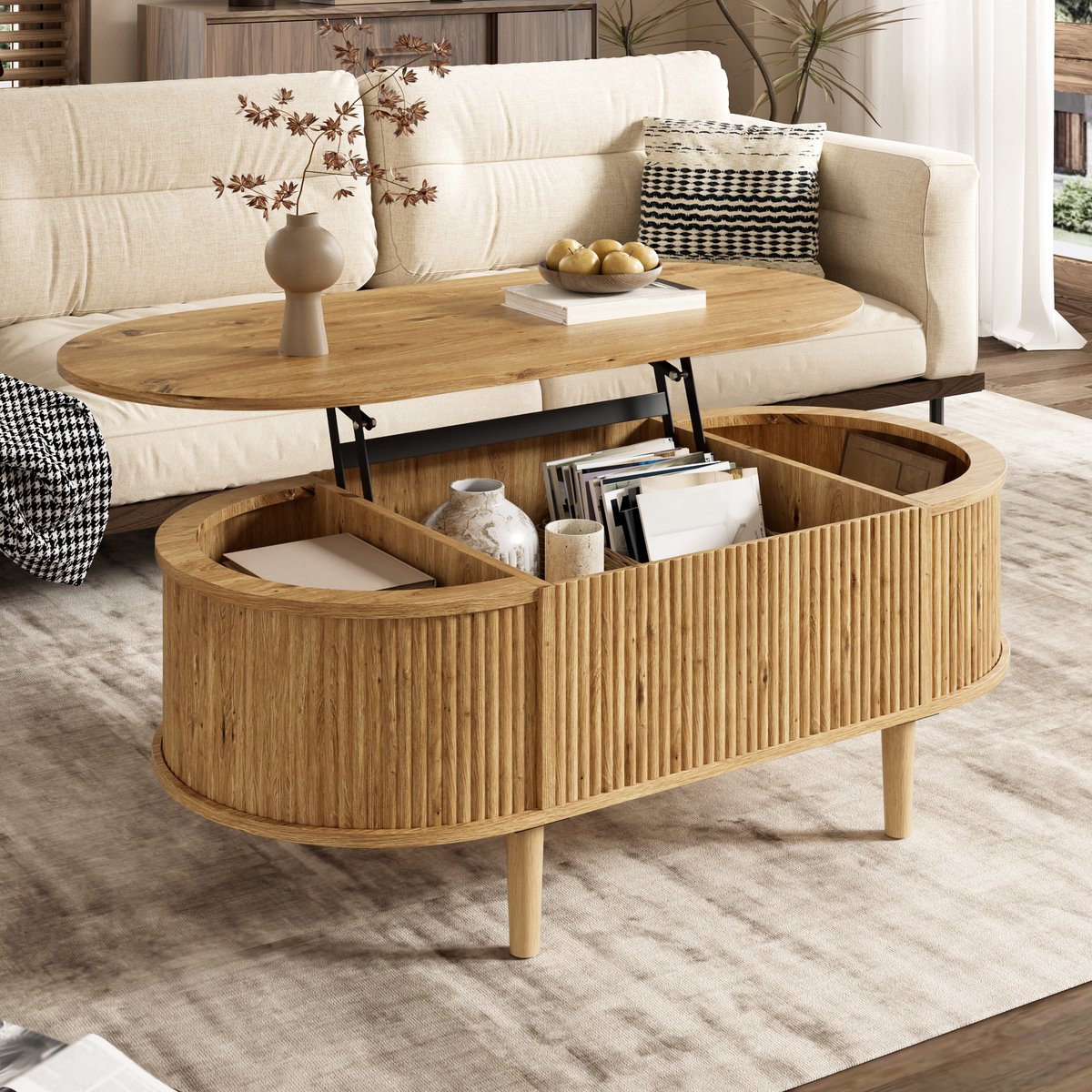 STILVORA Salontafel - Ovaal Met Verstelbaar Blad En Opbergruimte - Voor Woonkamer - MDF En Grenenhout - 100x48x54,5 cm Houtkleur