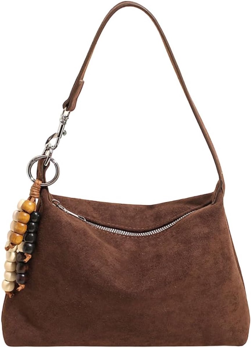 Draagtas Suède - Schoudertas Dames - Dagelijks Gebruik - Met Hanger - 26 cm - Bruin
