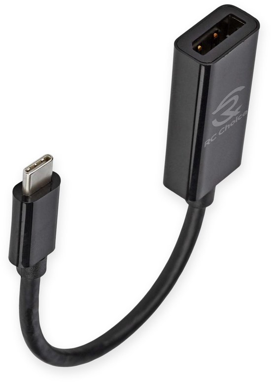 Zwarte USB-C naar DisplayPort adapterkabel, met een mannelijke USB-C connector en een vrouwelijke DisplayPort connector.