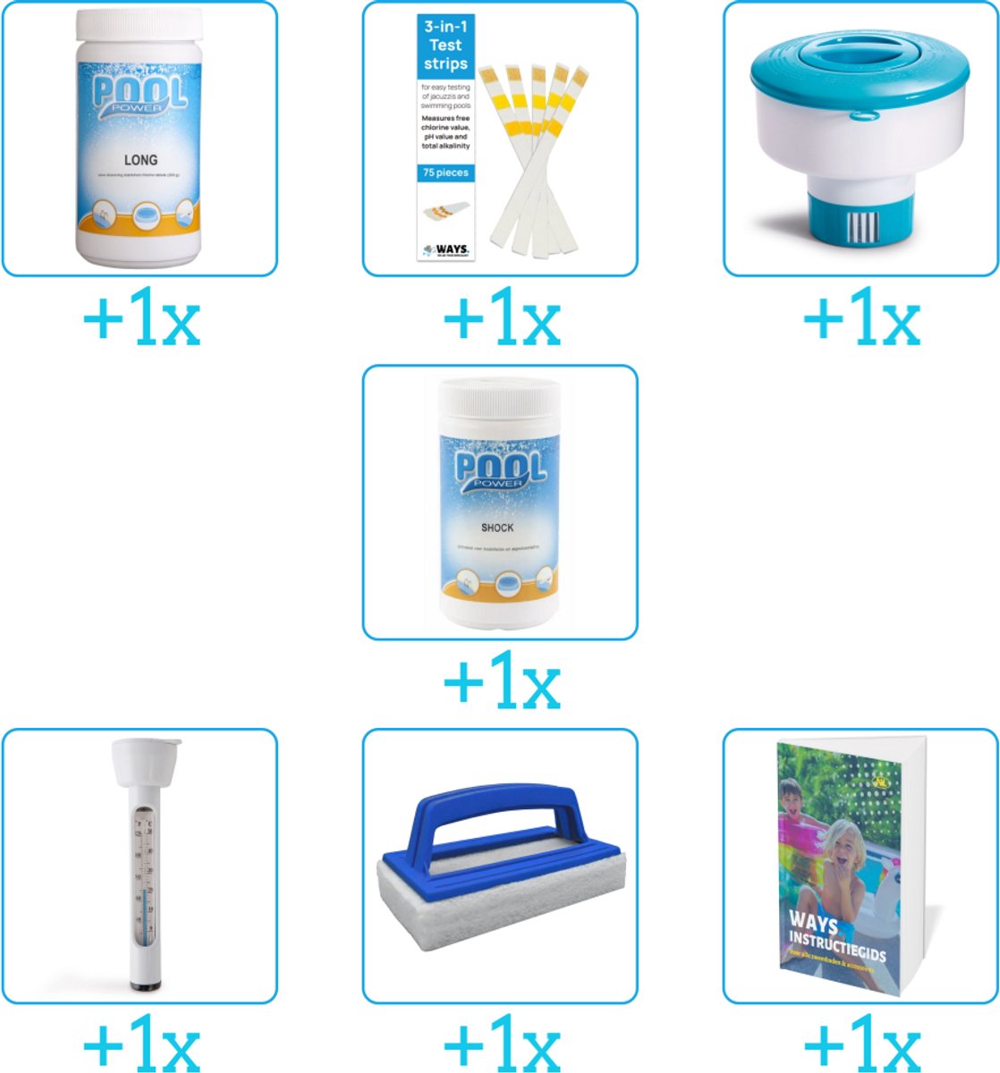 Zwembad Onderhoudspakket - Onderhoud Zwembad - bevat Chloor - Testrips - Chloordrijver - Shock - Thermometer - Scrubborstel en Zwembadgids (7-delig)