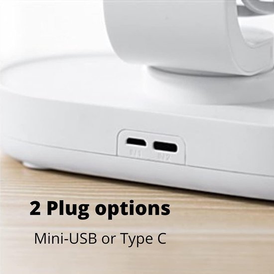 Witte ventilatorbasis met 2 poortopties: Mini-USB en Type C.
