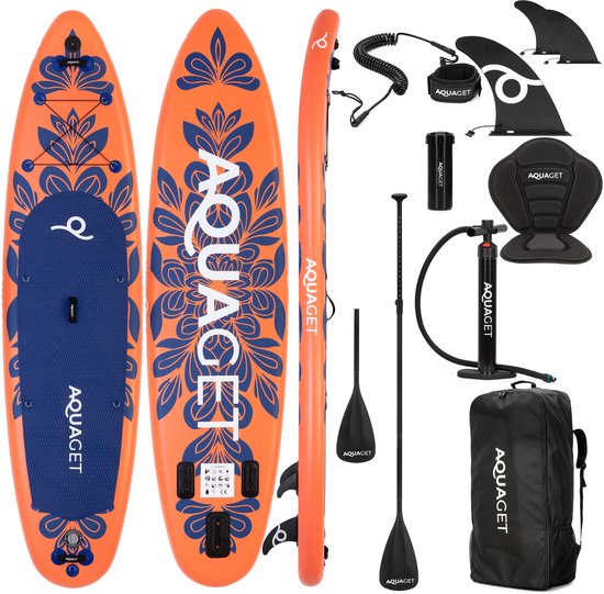 Aquaget® SUP Board - Opblaasbaar Paddle Board - Met Tas - Met Zitje -Inclusief Accessoires - Complete Set - Max. 220KG - 350x86cm - Marineblauw/Oranje