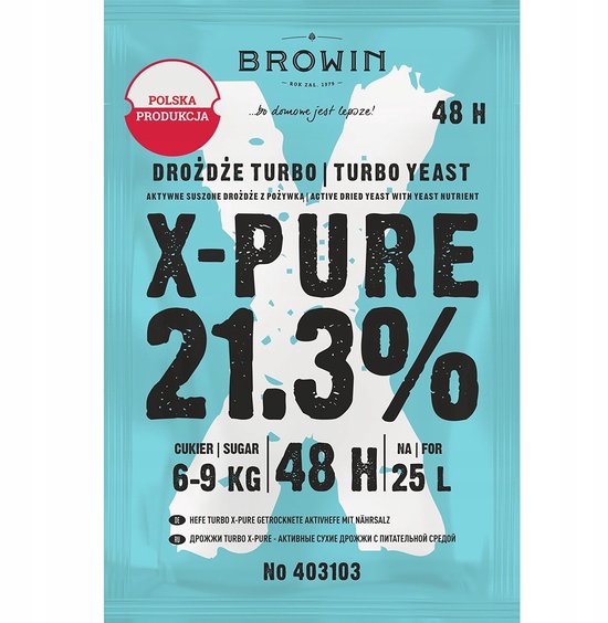 Browin X-Pure Turbo Yeast verpakking, met "Polska Produkcja" sticker, fruit, graanaren en aardappelen.