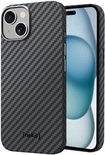 Een grijs/zwart koolstofvezel hoesje voor een iPhone, met een cameragat.