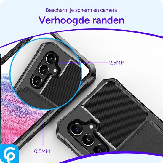 Verhoogde randen van het telefoonhoesje. Tekst: 'Bescherm je scherm en camera'.