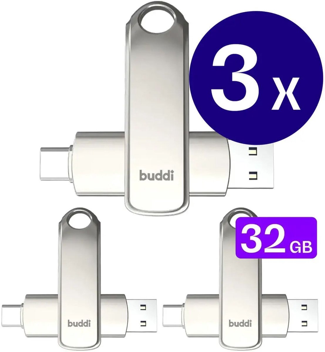 3-Pack Buddi USB-C Stick 32GB | USB C en USB A | Dual Geheugenstick | USB 3.1 | Plug & Play | Universeel | Geschikt voor smartphones, tablets, PC en meer | Extra opslagruimte | Grijs
