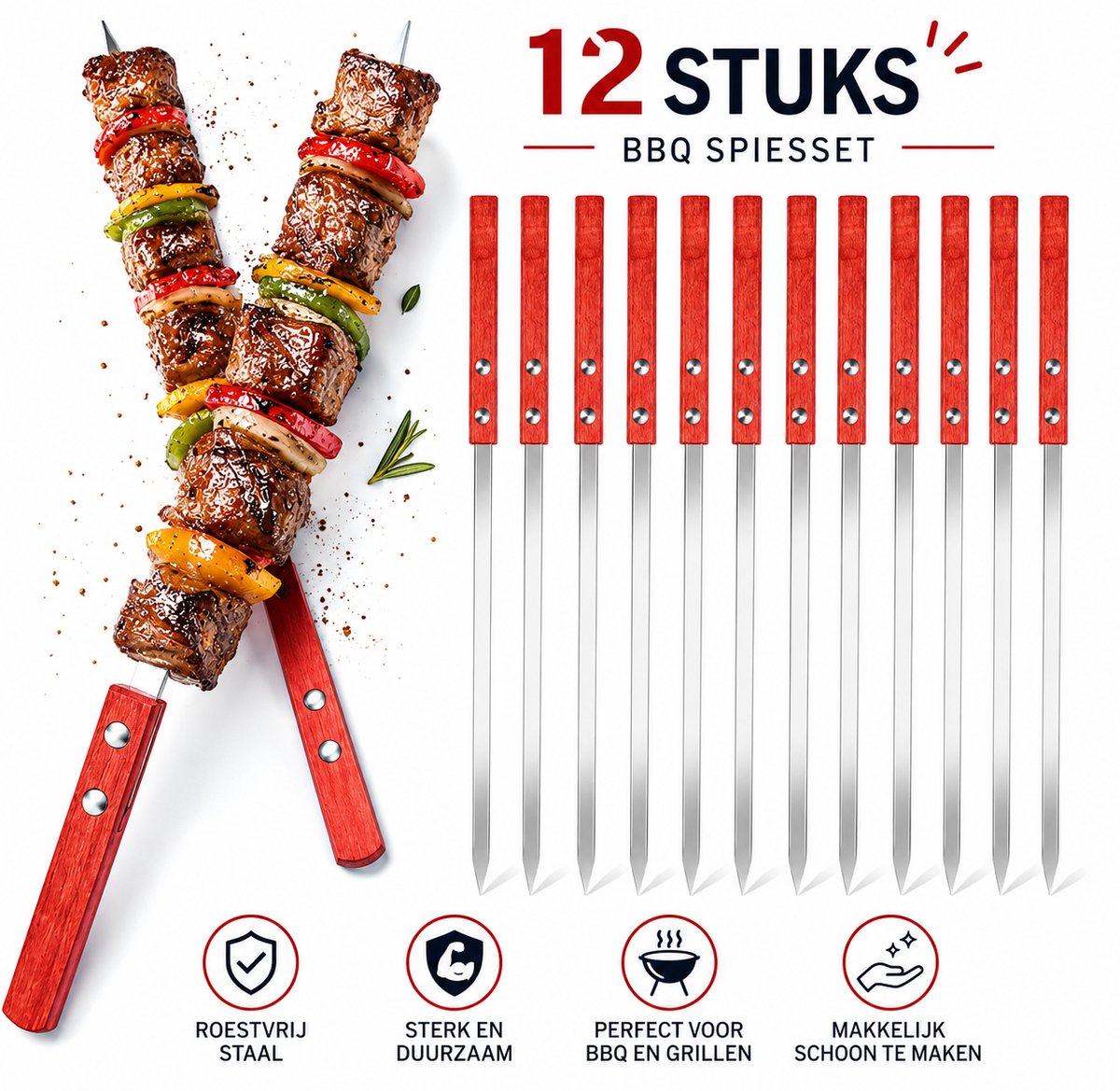 SMH LINE® RVS Barbecue Spiezen - 12 Stuks - 55cm - Houten Handvat - Veespennen - Kebab spiezen - BBQ spiesjes